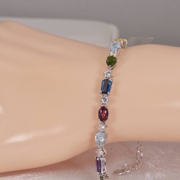 Natural Multi Gemstone Bracelet 925 Sterling Silver - Picture 1 of 2